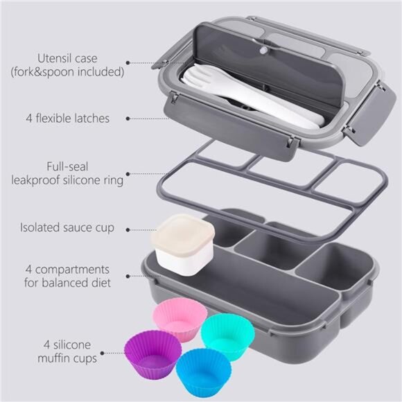 Adult & Kids Bento Lunch Box -4-Compartment Meal Container‎ with Utensils, Gray - Picture 2 of 8